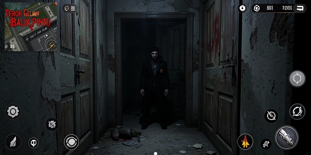 Screenshot gameplay 8II menampilkan suasana menyeramkan dengan efek cahaya yang dramatis.
