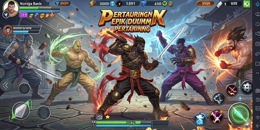 Screenshot 9N9N menunjukkan pertarungan spektakuler dengan karakter unik.
