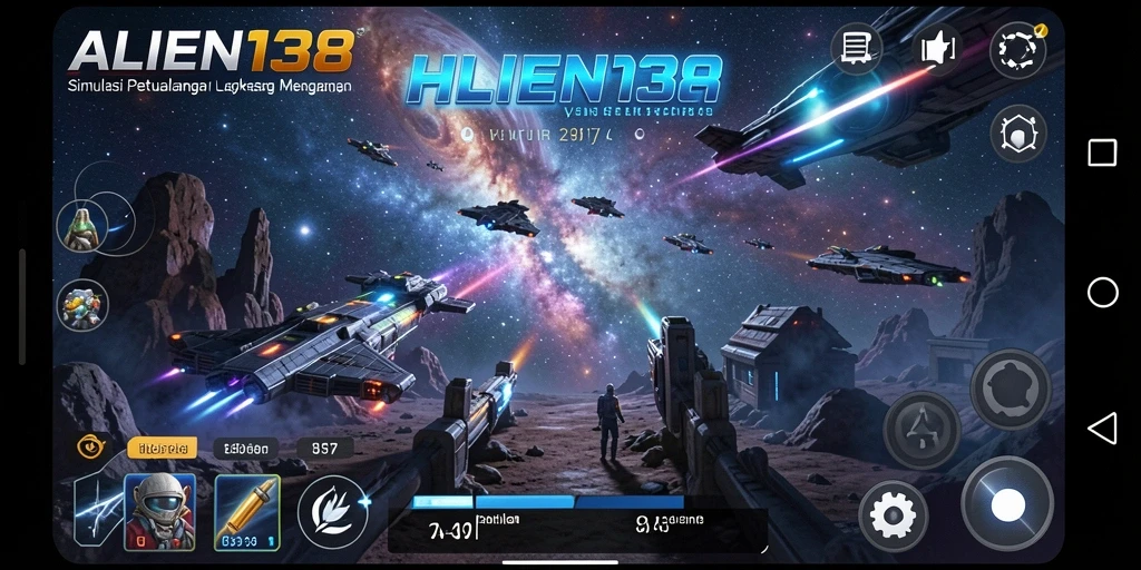 Screenshot gameplay ALIEN138 yang menunjukkan aksi luar angkasa yang mendebarkan.