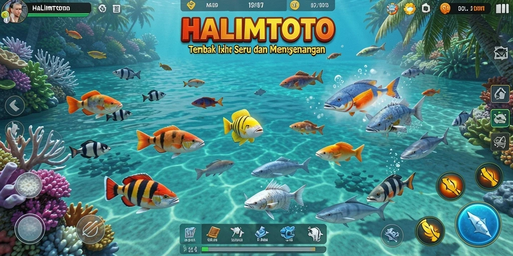 Tampilan gameplay HALIMTOTO dengan aksi menembak ikan yang seru.