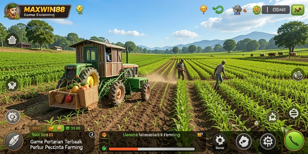 Screenshot gameplay <strong>MAXWIN88</strong> menunjukkan aktivitas bertani yang seru dan interaktif.
