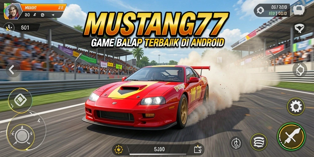 Screenshot gameplay MUSTANG77 menunjukkan aksi balap yang mendebarkan.
