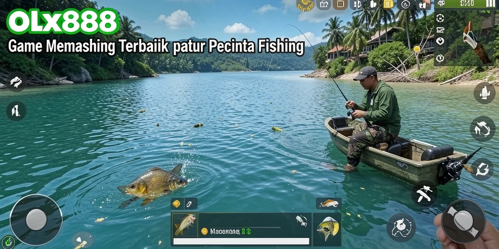 Tampilan gameplay OLX888 dengan berbagai lokasi memancing yang indah dan realistis.