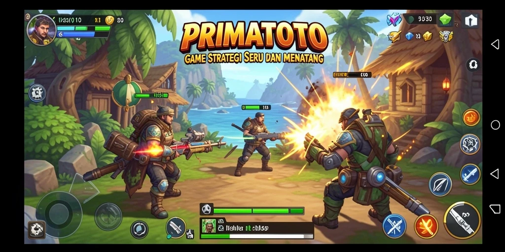 Screenshot dari gameplay PRIMATOTO yang menggambarkan strategi dan pertempuran.