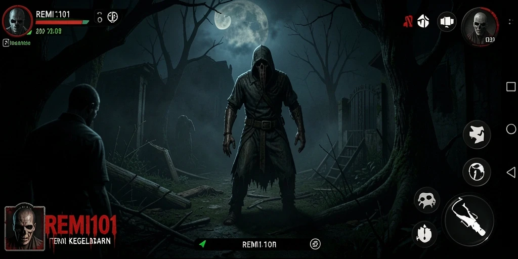 Screenshot gameplay REMI101 menampilkan momen ketegangan saat menghadapi hantu menyeramkan.