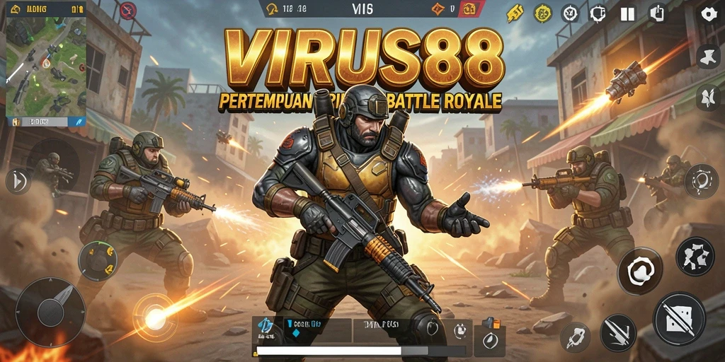 Screenshot utama dari gameplay <strong>VIRUS88</strong>, menampilkan pertarungan seru dalam Battle Royale.